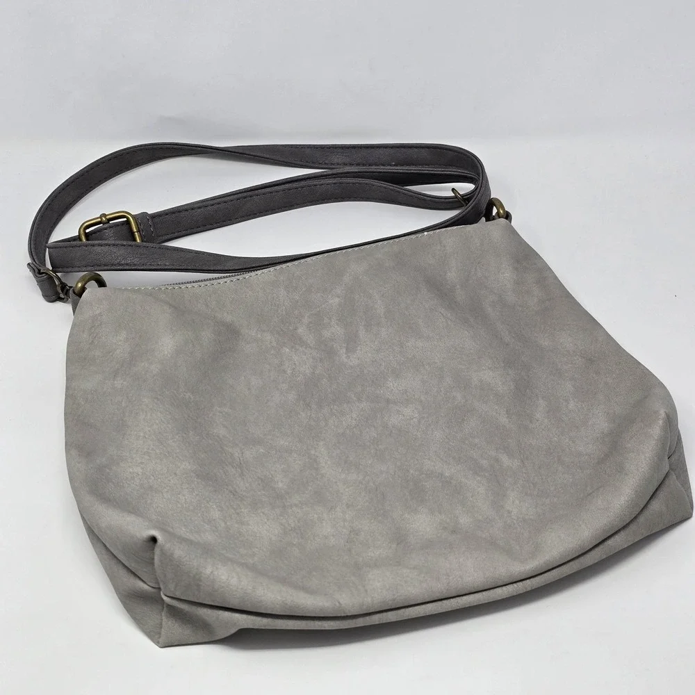Liz Soto Hobo Bag Womens Medium Gray Soft Faux Leather Crossbody Floral Lining‎